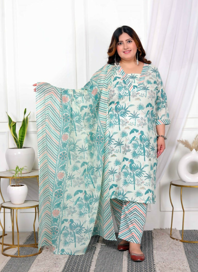 Miravan Women's Plus Size Cotton Light Green Scenic Birds And Leaf Floral Printed Straight Pakistani Style Suit Set