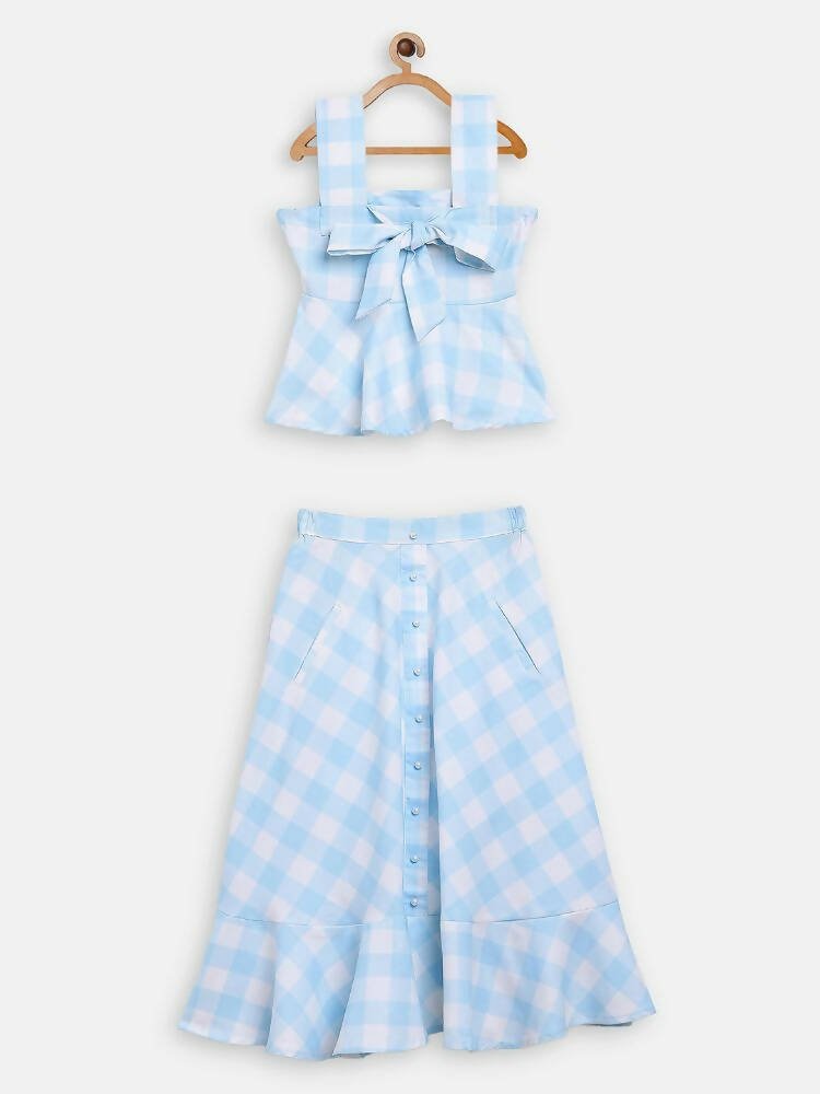 Ahalyaa Sky Blue Rayon Checked Kids Top With Skirts For Girls