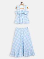 Ahalyaa Sky Blue Rayon Checked Kids Top With Skirts For Girls