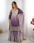 The52 Women's Beautiful Chinon silk Fabric Embroidery Work Straight Kurta Palazzo and Dupatta Set - Distacart