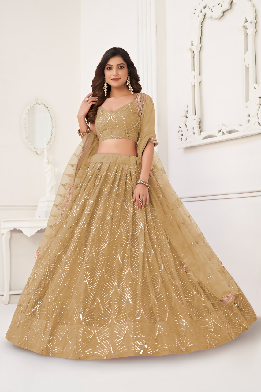 Eilara Beige Sequin Thread Embroidered Net Lehenga Set