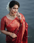 DEIANA'S Beautiful Designer Golden zari Soft Lichi Silk Saree - Maroon