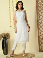 Myshka Women's White Georgette Sleeveless Straight Party Kurta