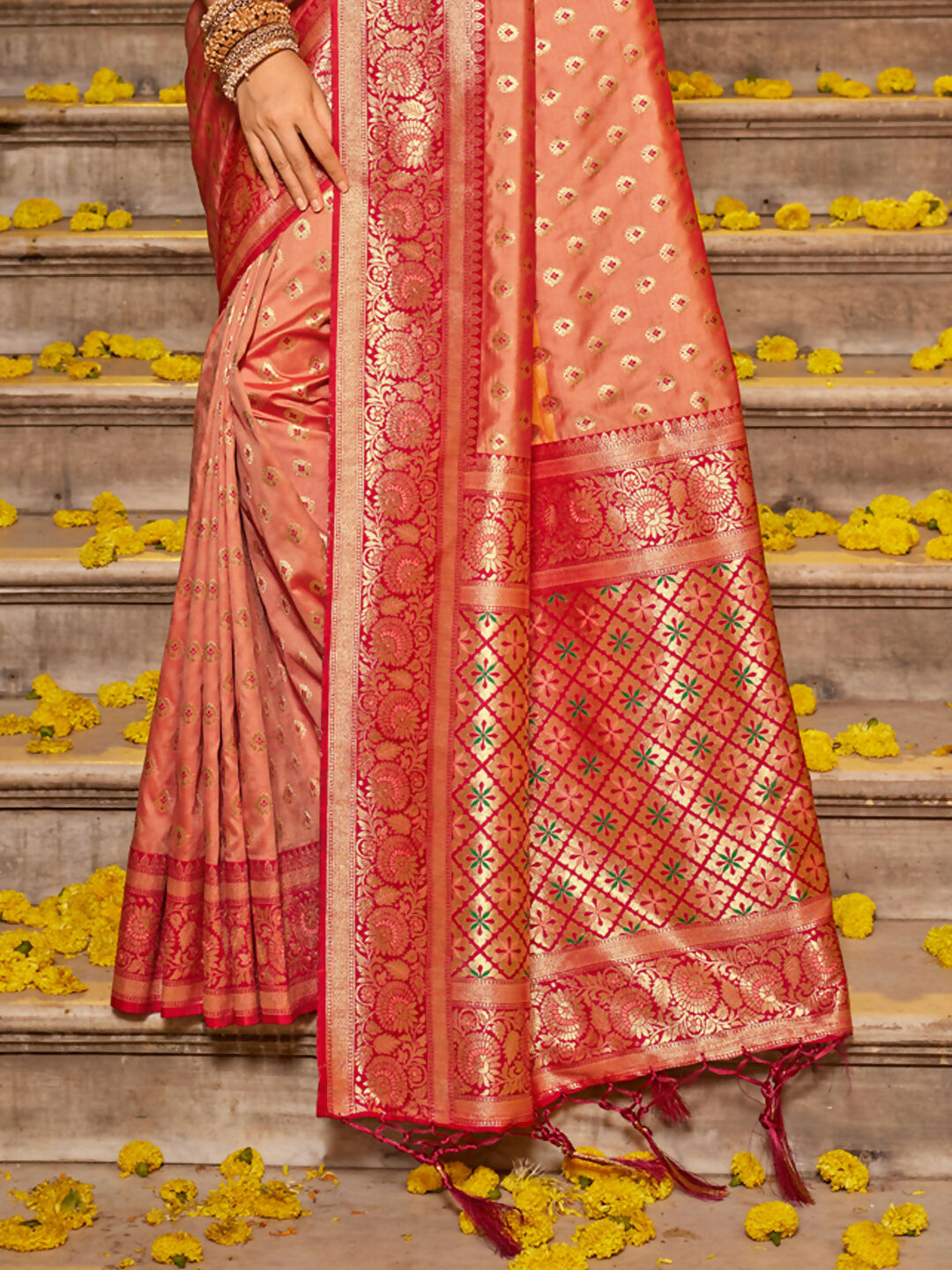 Shree Shyam Fashion Banarasi Silk Peach Saree - Distacart