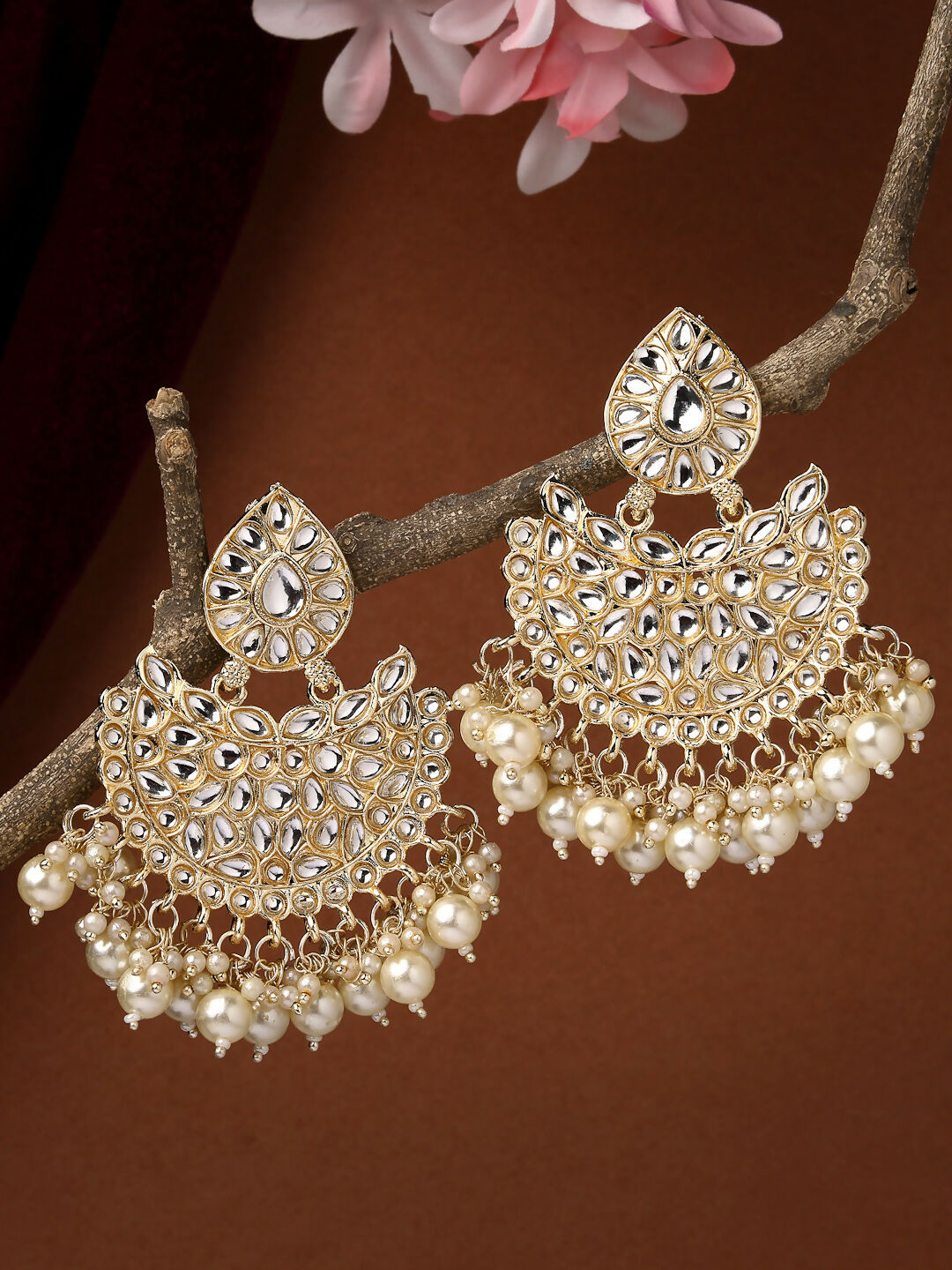 NVR Women Gold-Plated Kundan Chandbali Earrings - Distacart