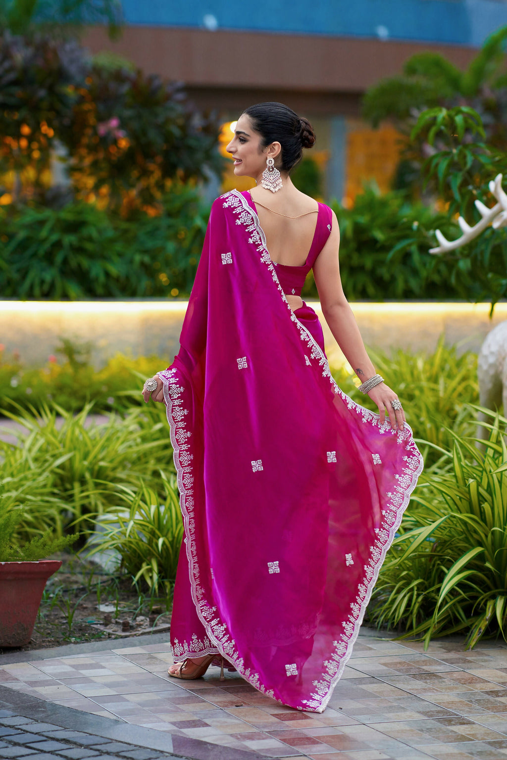 Vastranavya Pink Embroidery Work Shimmer Chiffon Saree with Unstitched Blouse - Distacart