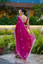Vastranavya Pink Embroidery Work Shimmer Chiffon Saree with Unstitched Blouse - Distacart