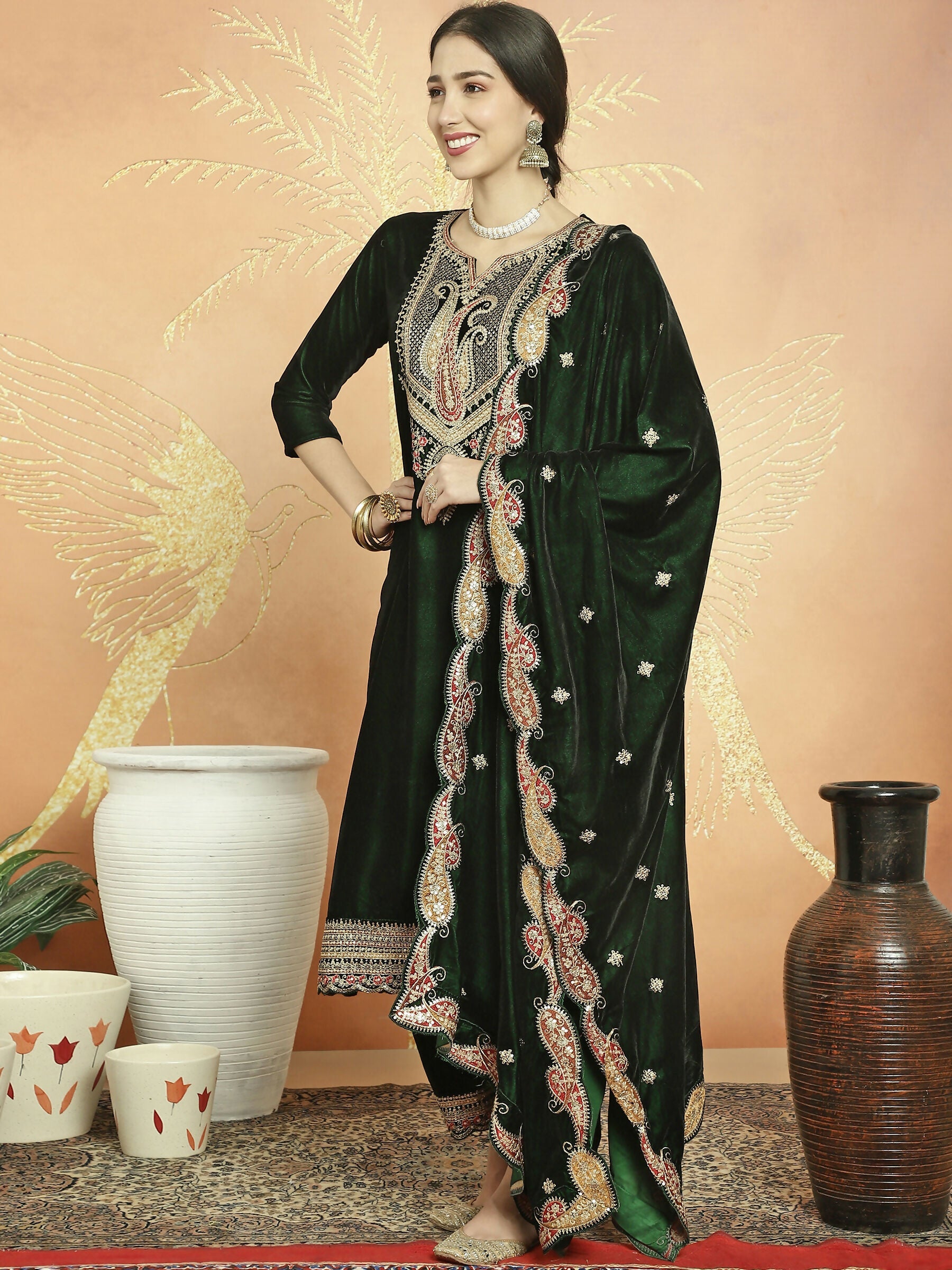 Jyoti Fashion Women's Green Velvet Cording with Resham Thread & Sequin Kurta with Trouser & Dupatta