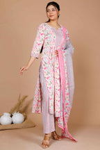 Miravan Women's Cotton Pink Floral Printed Straight Kurta Palazzo With Dupatta