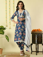Myshka Women's Blue Pure Cotton Kurta & Trousers With Dupatta Party Sets