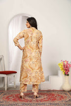Jyoti Fashion Women's Beige Chanderi Silk Floral Print with Side Pocket Kurtis & Sets
