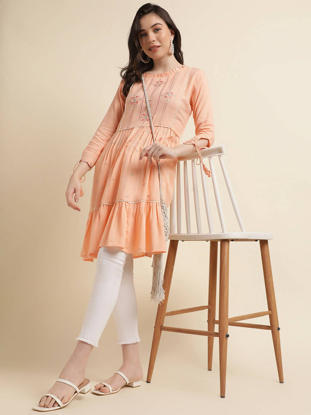 Peach Poly Cotton Yoke Embroidered A-line Top - Tarini