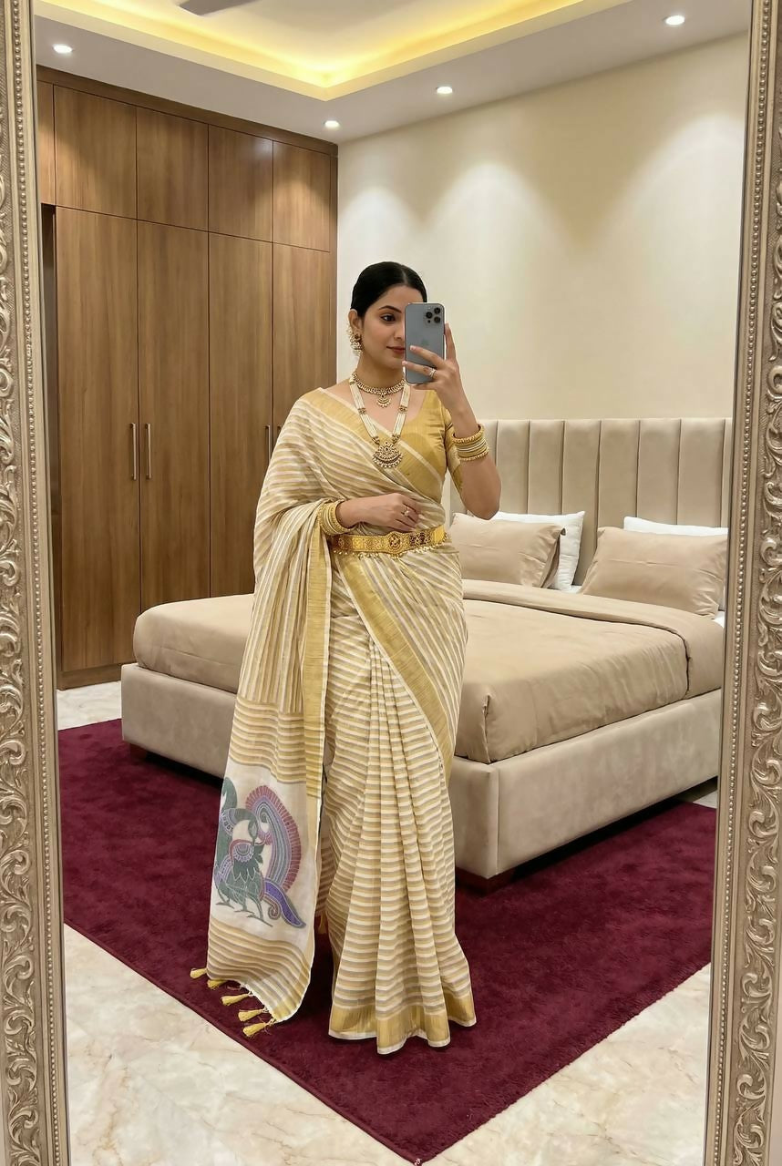 Vastranavya Yellow Linen Cotton Meenakari Weaving Pallu Saree with Contrast Blouse - Distacart