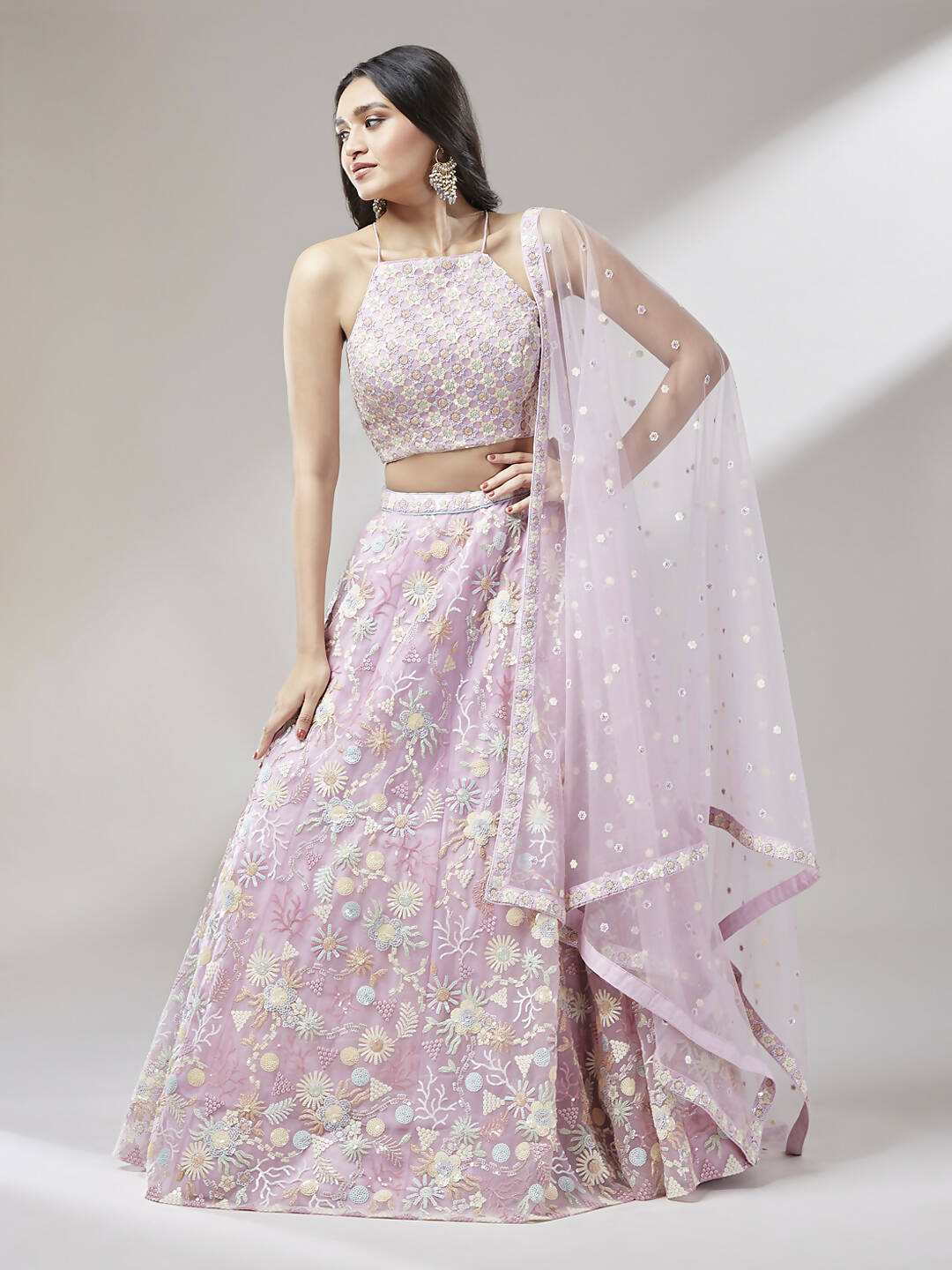 House of Panchhi Coral Net heavy Sequinse embroidery Lehenga choli & Dupatta