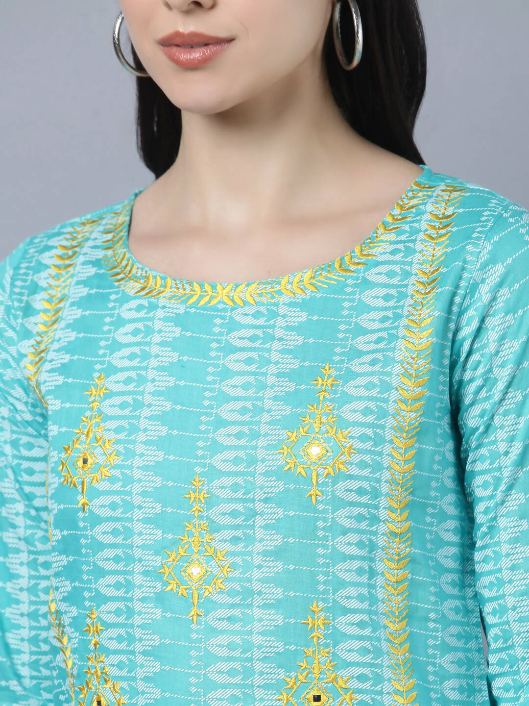 Myshka Women Turquoise Blue Layered Pure Cotton Kurti with Trousers With Dupatta Set - Distacart