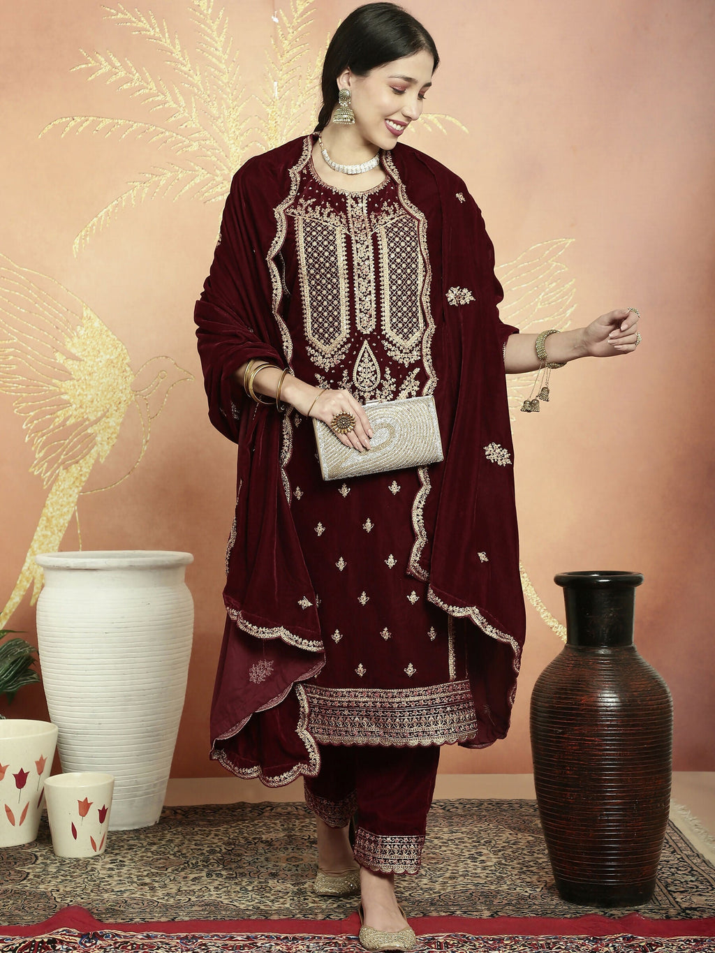 Jyoti Fashion Women's Maroon Velvet Cording with Resham Thread & Sequin Kurta with Trouser & Dupatta