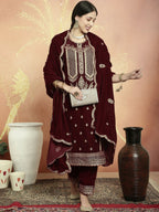 Jyoti Fashion Women's Maroon Velvet Cording with Resham Thread & Sequin Kurta with Trouser & Dupatta