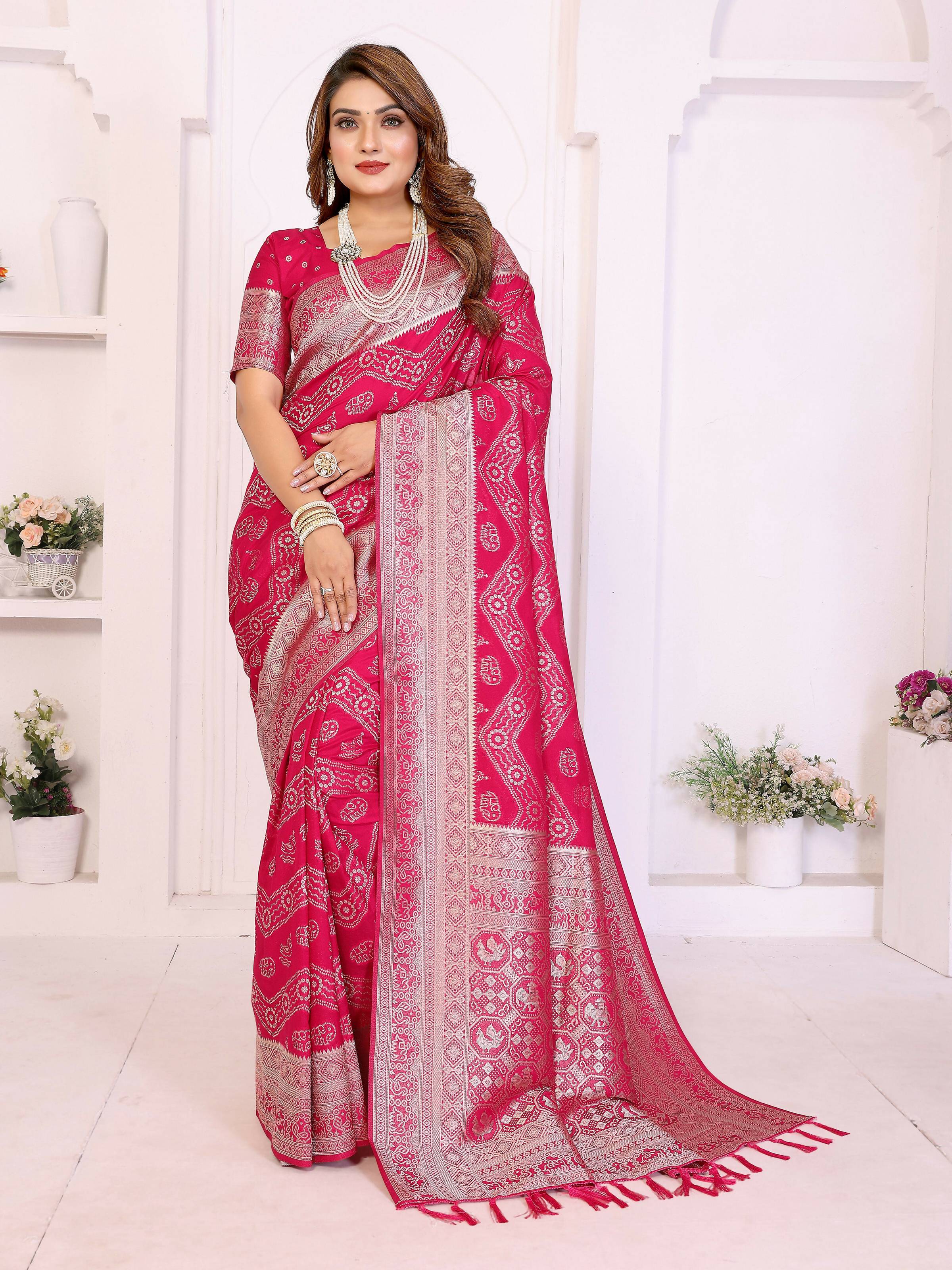 Aastha Fashion Magenta Georgette Silk Leheriya With Elegant Zari Weaving Saree - Distacart