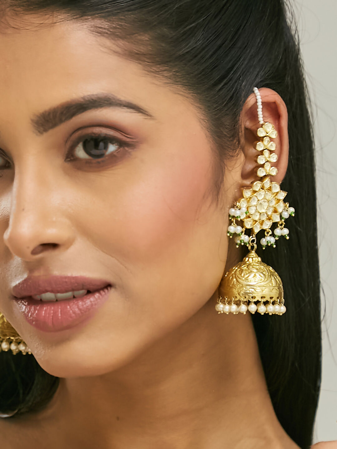 Nuyug 22K Gold-Plated Floral Jhumki Kundan Studded Kanauti Earrings - Distacart