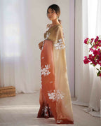 Choco and Orange Crunchy Crush Pedding Color Embroidery Work Party Wear Saree - Zuleika