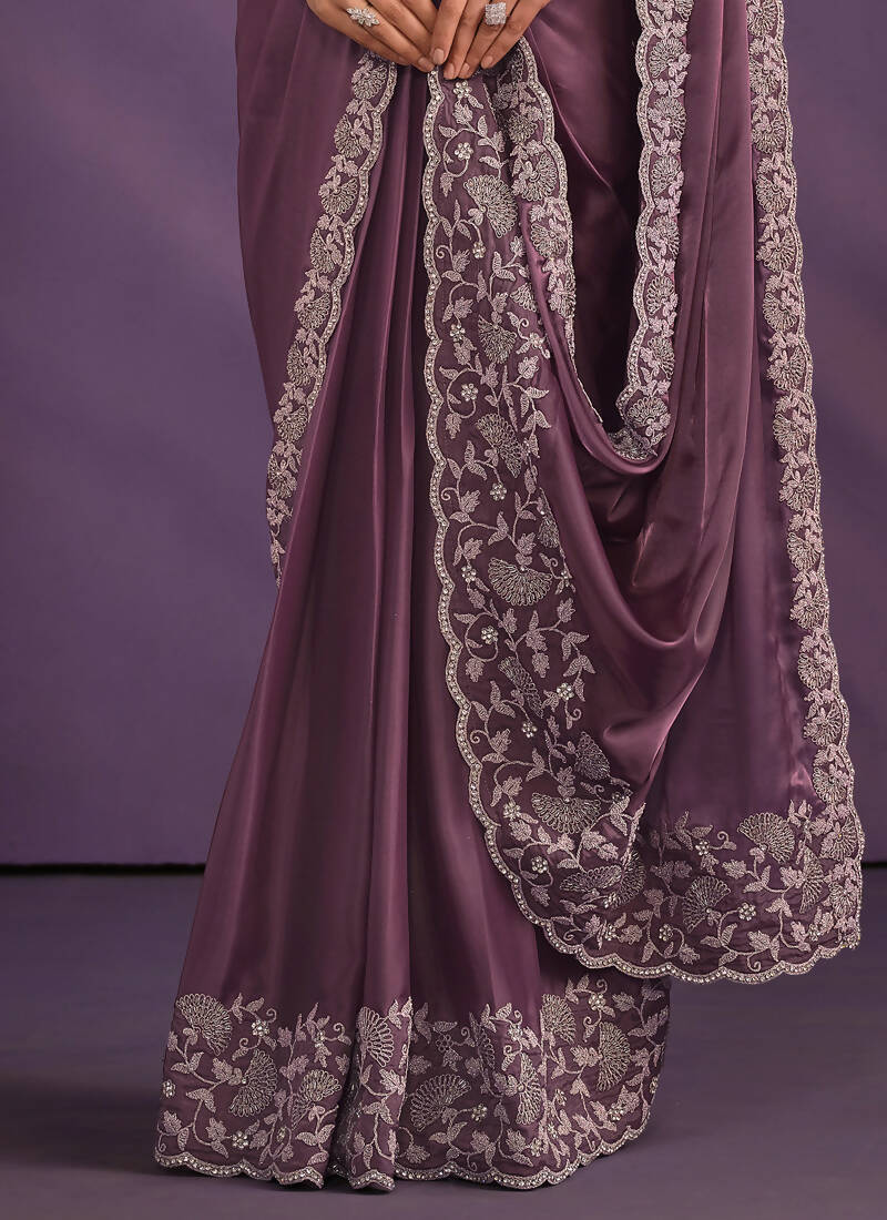 Light Purple Crepe Satin Silk Embroidered Saree With Stitched Blouse - Mohmanthan Exotica