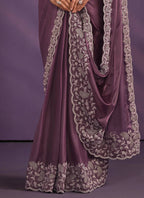 Light Purple Crepe Satin Silk Embroidered Saree With Stitched Blouse - Mohmanthan Exotica