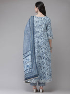 Yufta Women Blue Floral Printed Regular Pure Cotton Kurta with Trouser With Dupatta