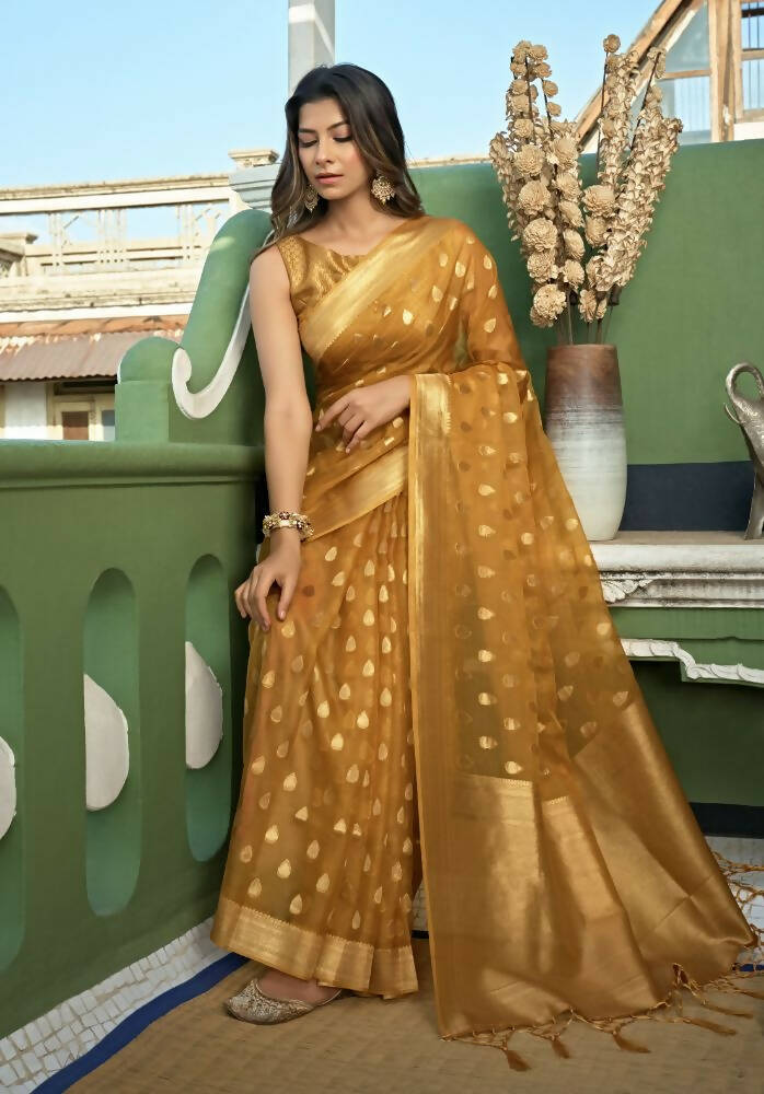 Delightful Designer Light Yellow Color Organza Silk Saree With Weaving Work - Yomika Fashions