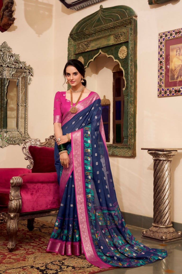 Vastranavya Navy Blue Poly Cotton Kalamkari Printed Saree with Unstitched Blouse