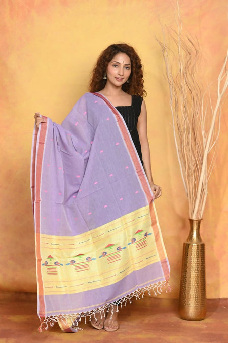 Very Much Indian Handloom Pure Cotton Paithani Dupatta - Lavender