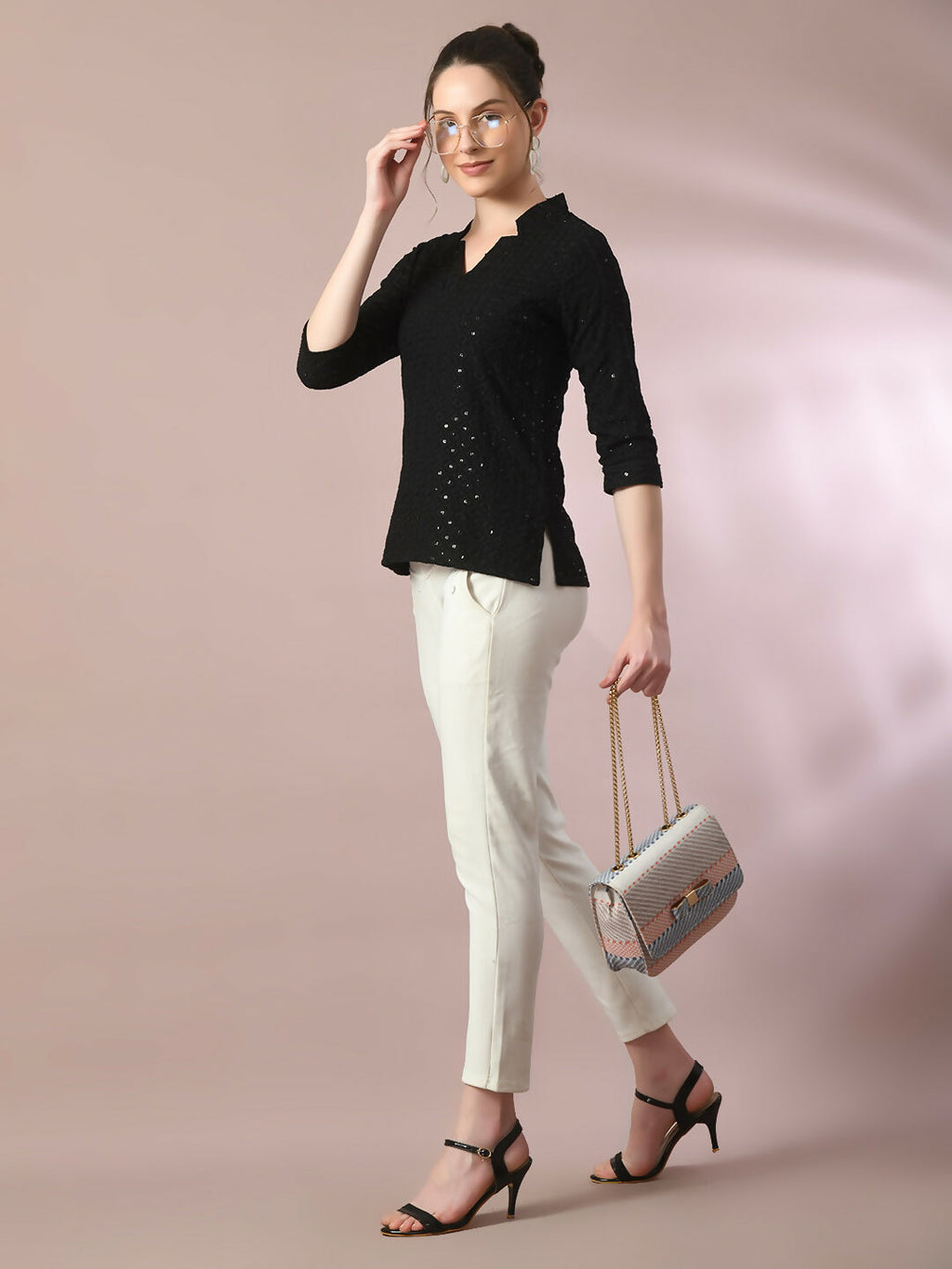 Myshka Women's Black Embellished Cotton Regular Party Tunic