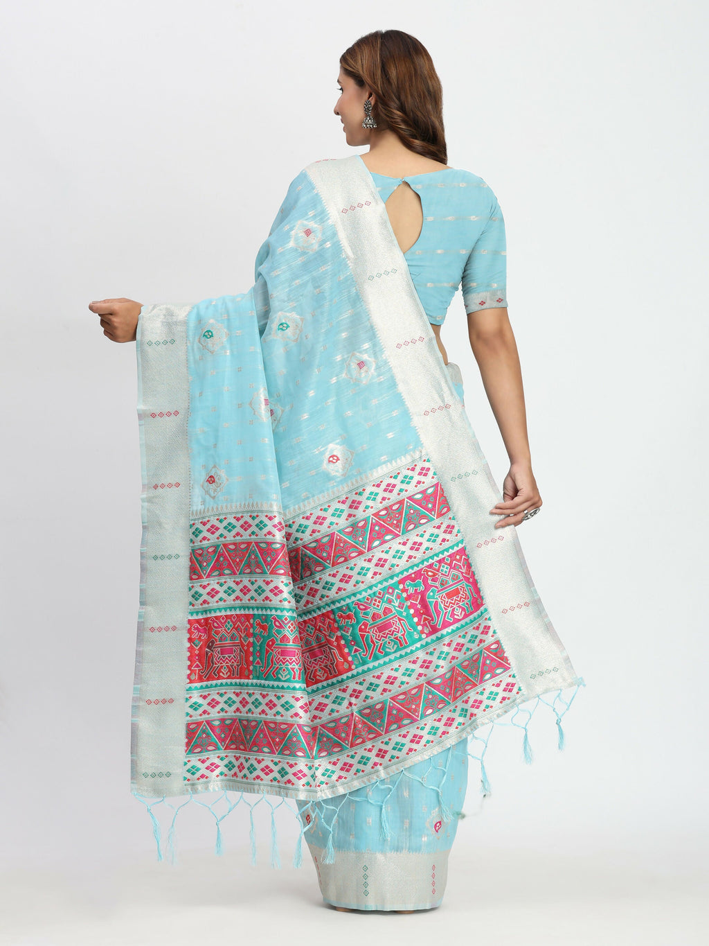 Shree Shyam Fashion Linen Cotton Sky Blue Saree - Distacart