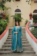 Joban Fashion Blue Chinon Sequence Embroidery Work Kurta Set - Distacart