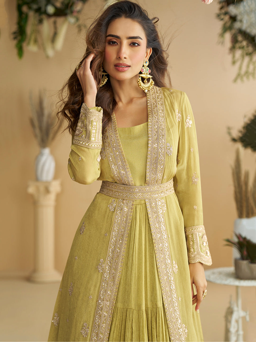 Evanik Perrot Chinon Silk With Embroidered Work Gown With Shrug & Belt - Distacart