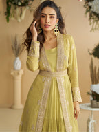 Evanik Perrot Chinon Silk With Embroidered Work Gown With Shrug & Belt - Distacart