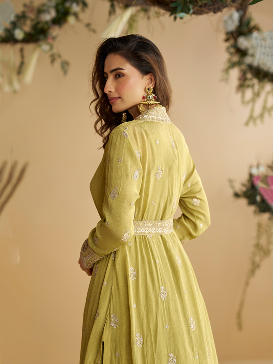 Evanik Perrot Chinon Silk With Embroidered Work Gown With Shrug & Belt - Distacart