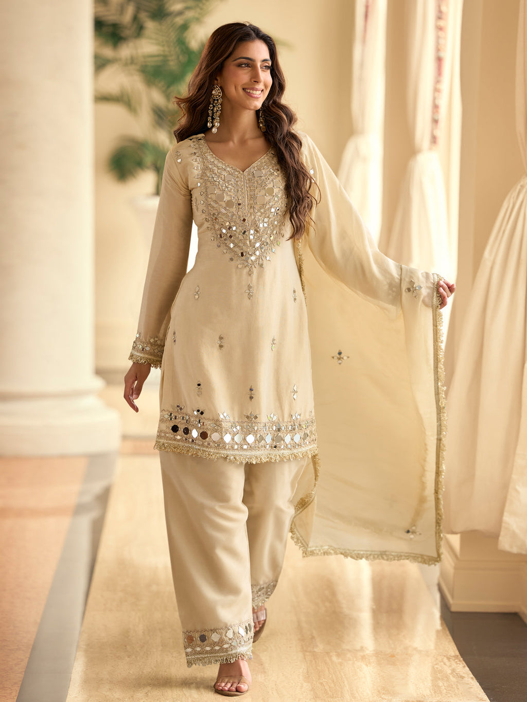 Evanik Cream Silk Blend Mirror Embroidery Work Kurti Palazzo Set With Dupatta - Distacart