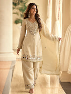 Evanik Cream Silk Blend Mirror Embroidery Work Kurti Palazzo Set With Dupatta - Distacart