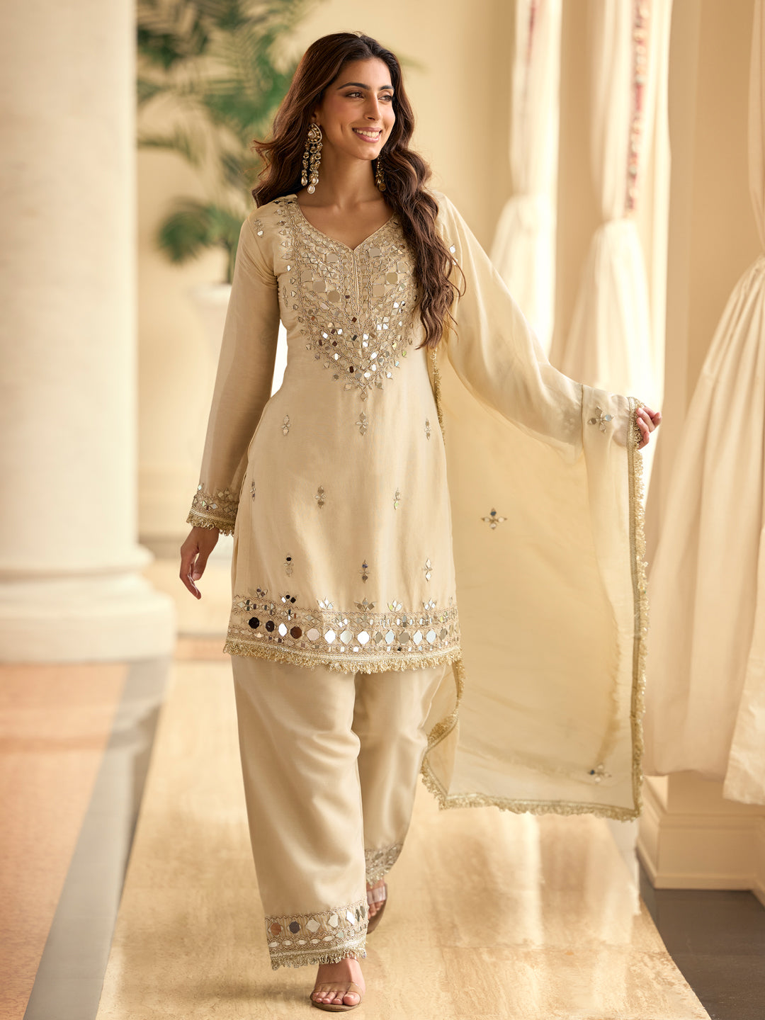 Evanik Cream Silk Blend Mirror Embroidery Work Kurti Palazzo Set With Dupatta - Distacart