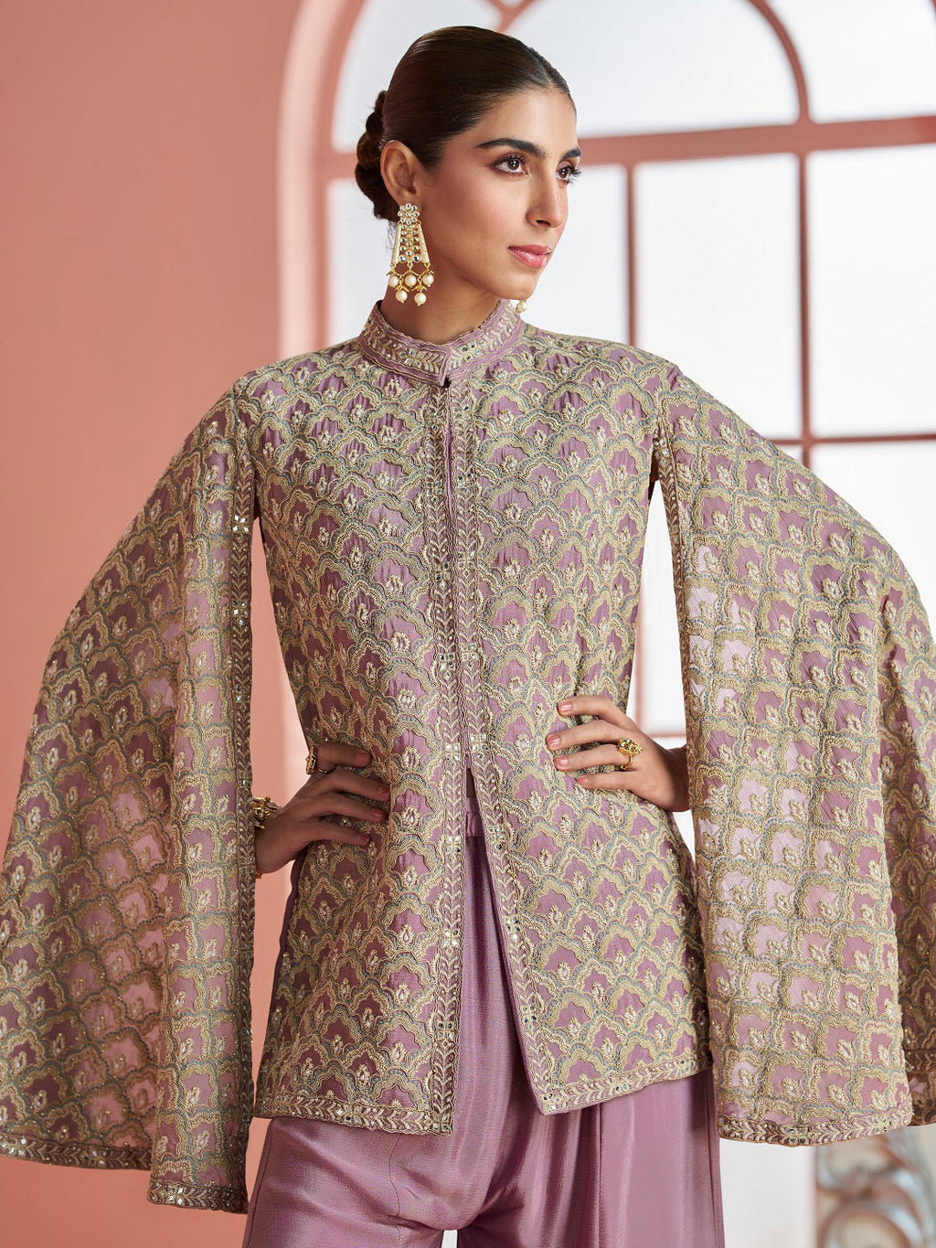 Evanik Women Mauve & Gold Printed Cape Style Kurta With Flared Palazzo Pants - Distacart