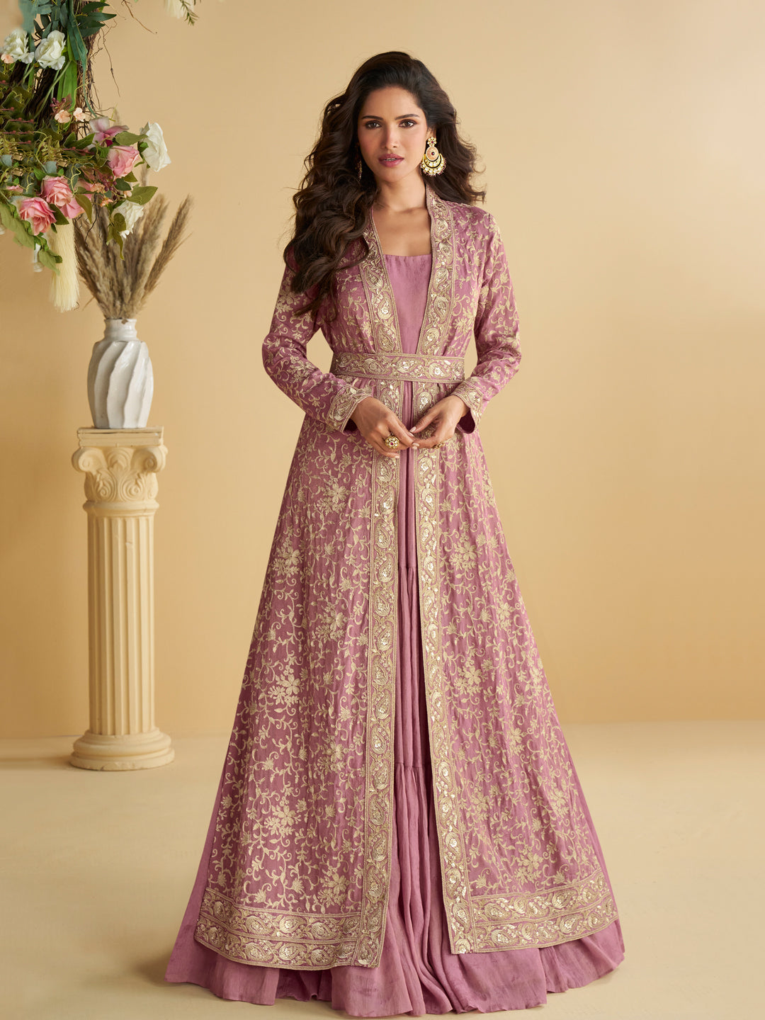 Evanik Pink Chinon Silk With Embroidered Work Gown With Shrug & Belt - Distacart