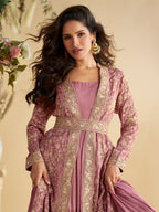 Evanik Pink Chinon Silk With Embroidered Work Gown With Shrug & Belt - Distacart