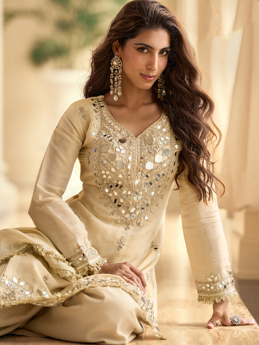Evanik Cream Silk Blend Mirror Embroidery Work Kurti Palazzo Set With Dupatta - Distacart