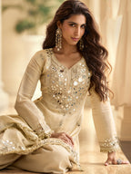 Evanik Cream Silk Blend Mirror Embroidery Work Kurti Palazzo Set With Dupatta - Distacart