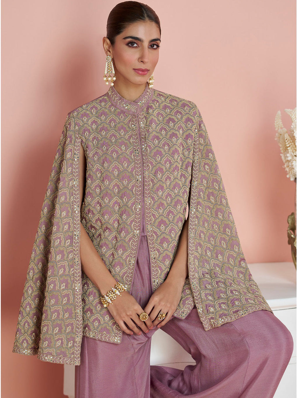 Evanik Women Mauve & Gold Printed Cape Style Kurta With Flared Palazzo Pants - Distacart