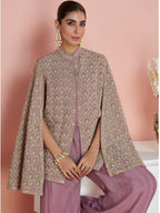 Evanik Women Mauve & Gold Printed Cape Style Kurta With Flared Palazzo Pants - Distacart