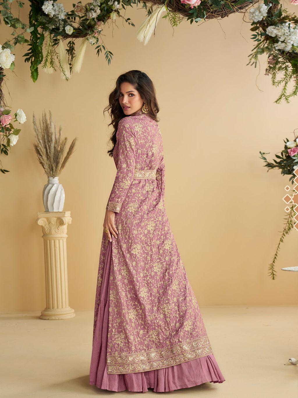 Evanik Pink Chinon Silk With Embroidered Work Gown With Shrug & Belt - Distacart