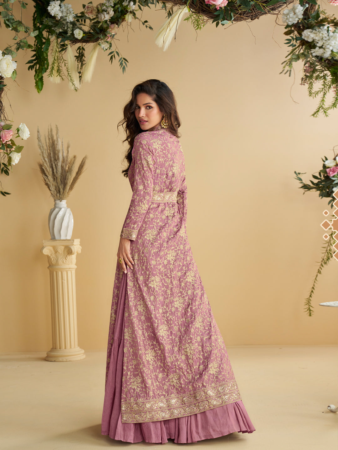 Evanik Pink Chinon Silk With Embroidered Work Gown With Shrug & Belt - Distacart