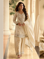 Evanik Cream Silk Blend Mirror Embroidery Work Kurti Palazzo Set With Dupatta - Distacart
