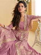 Evanik Pink Chinon Silk With Embroidered Work Gown With Shrug & Belt - Distacart